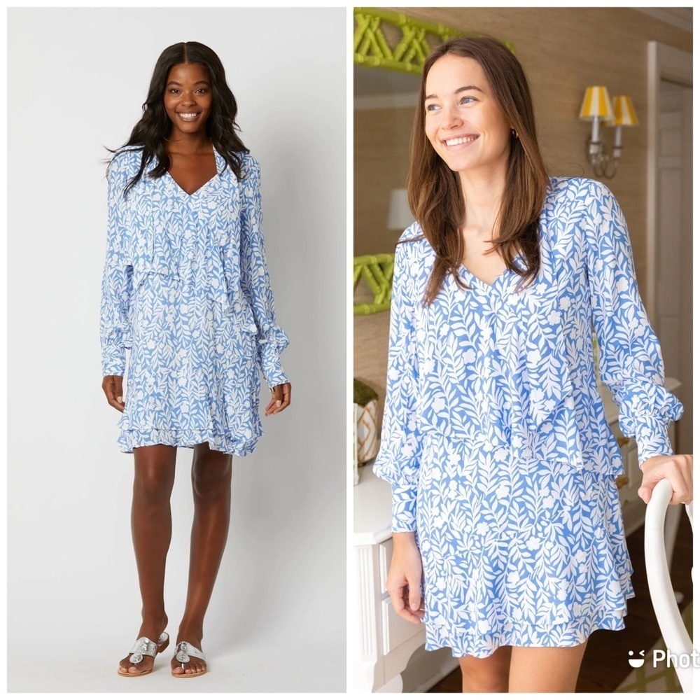 Sail to Sable Floral Vin Tie Front Mini Dress Long Sleeve Blue White Sz XS